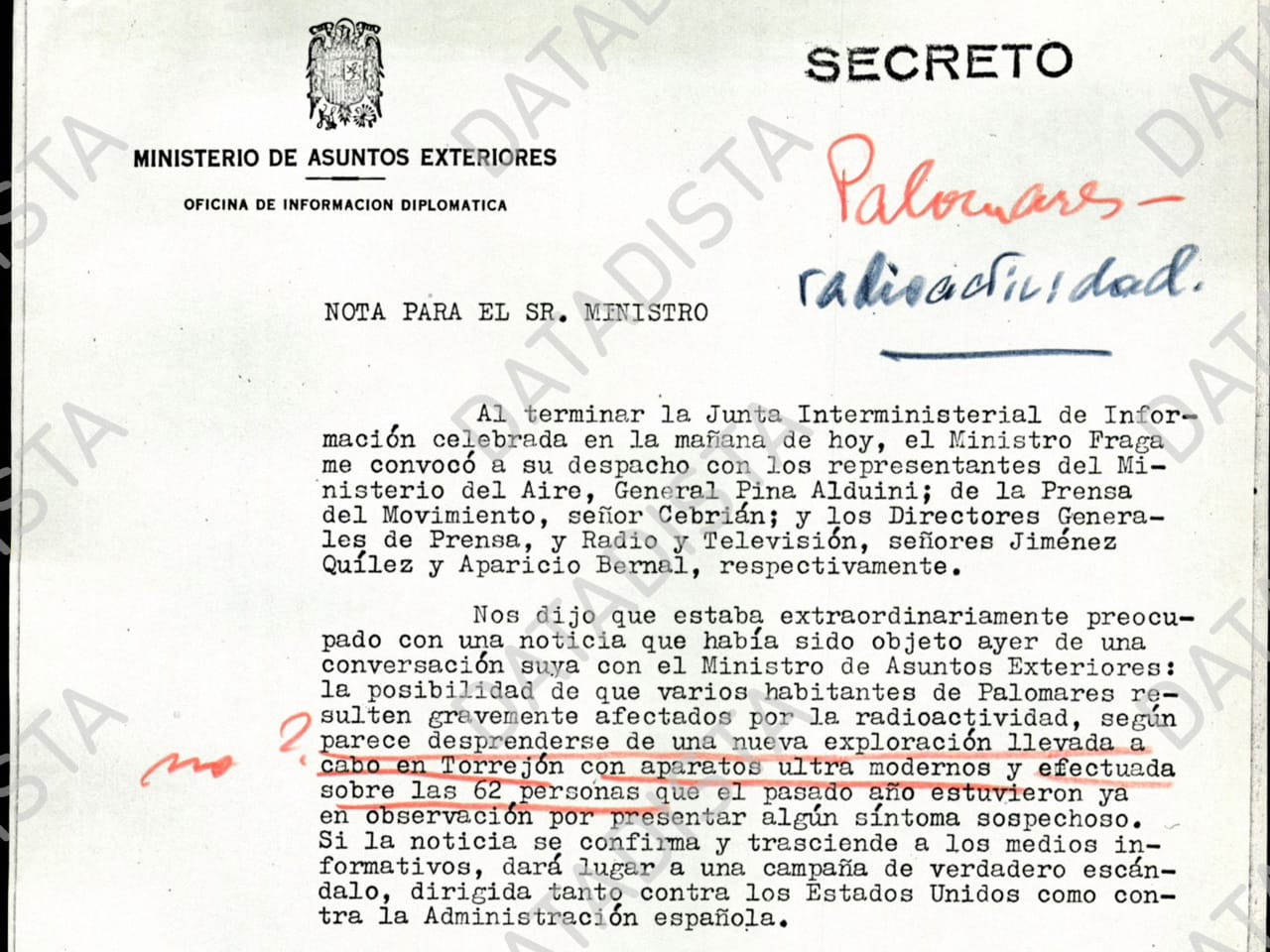 Fraga, "extraordinariamente preocupado" por si se difunden los indicios de contaminación en personas